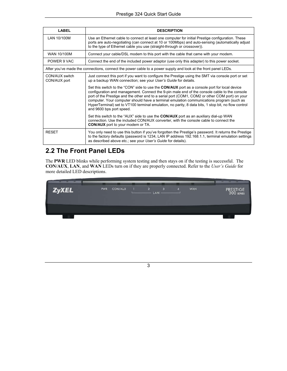 The front panel leds, 2 the front panel leds | ZyXEL Communications PRESTIGE 324 User Manual | Page 3 / 10