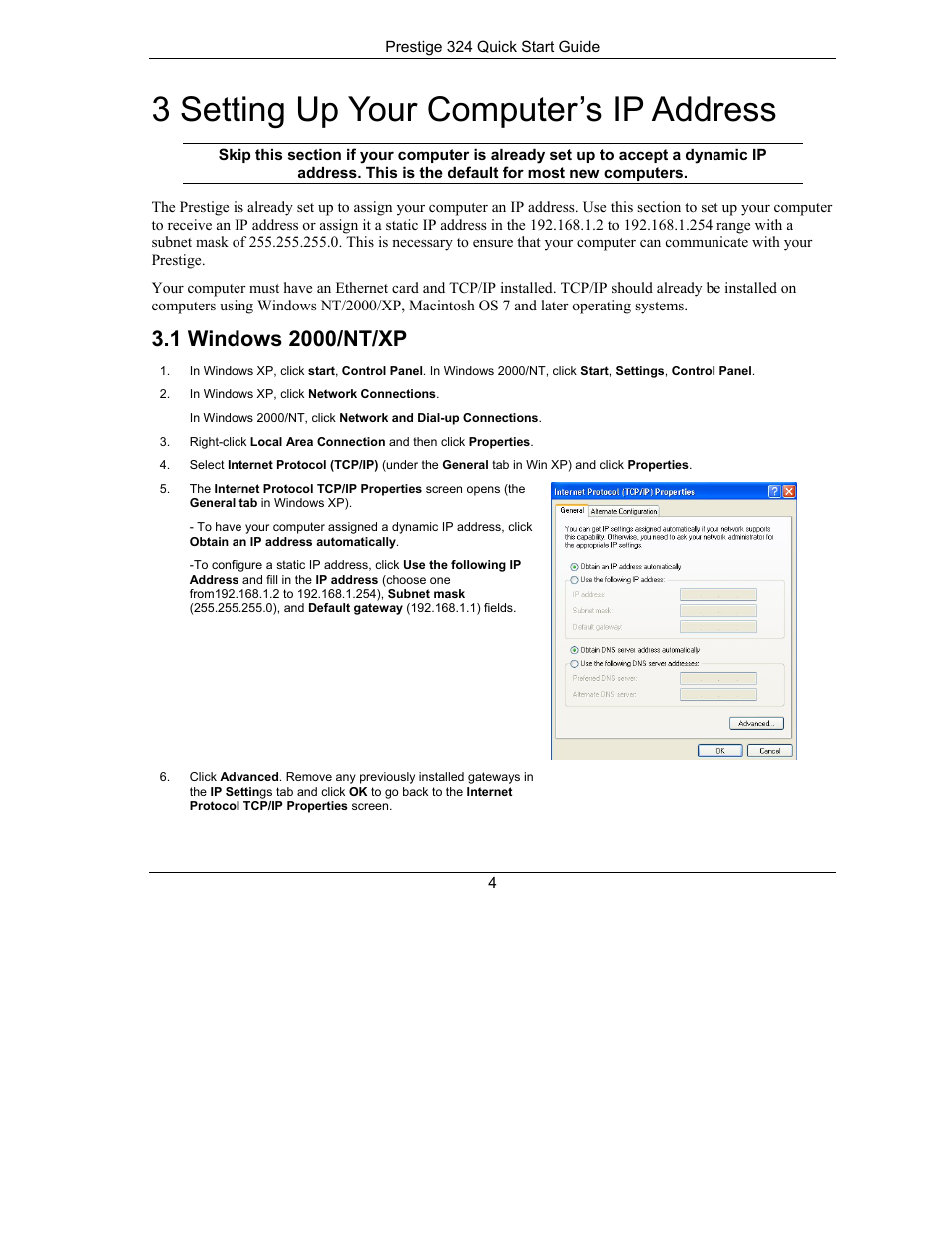 Setting up your computer’s ip address, Windows 2000/nt/xp, 3 setting up your computer’s ip address | ZyXEL Communications PRESTIGE 324 User Manual | Page 4 / 10