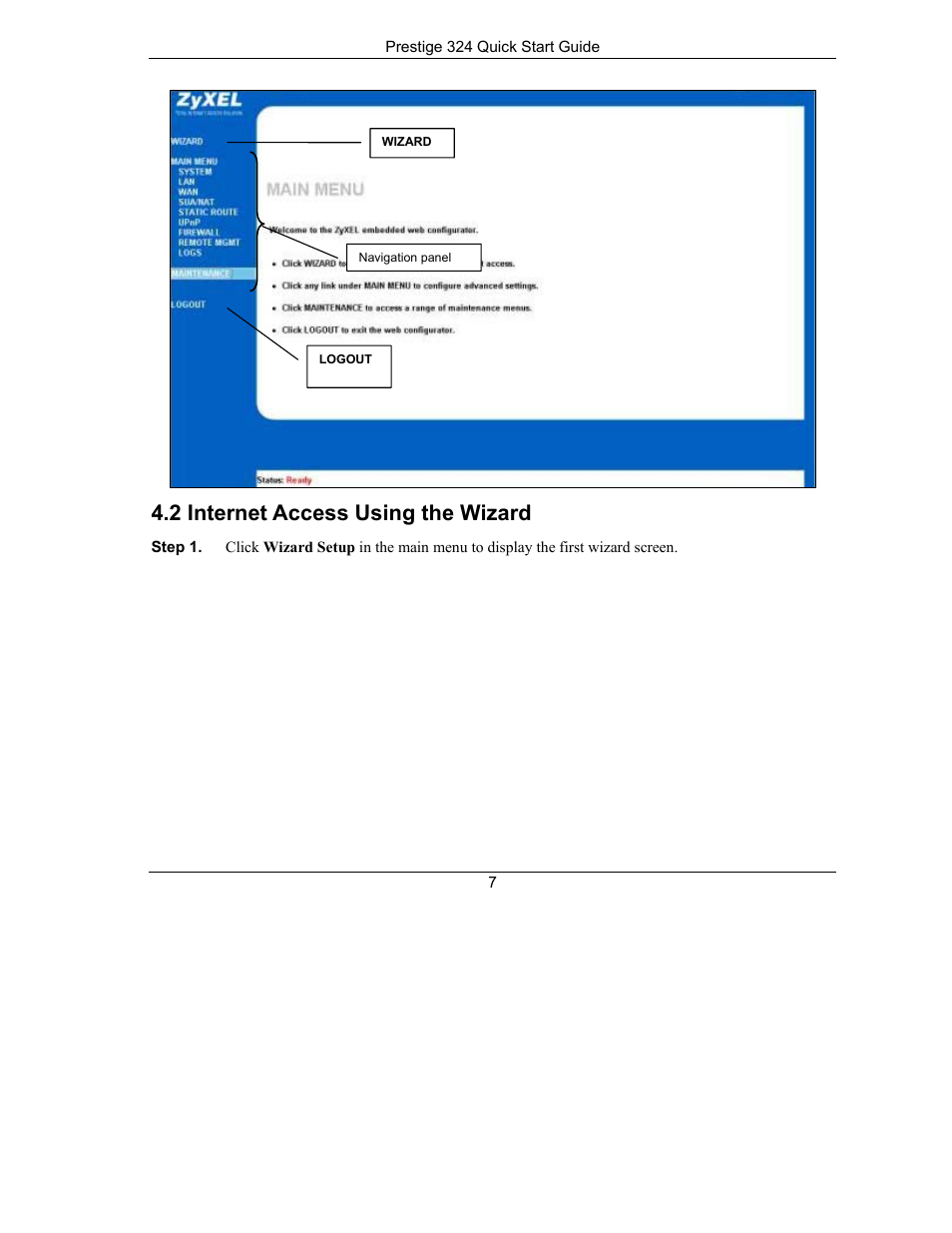 Internet access using the wizard, 2 internet access using the wizard | ZyXEL Communications PRESTIGE 324 User Manual | Page 7 / 10