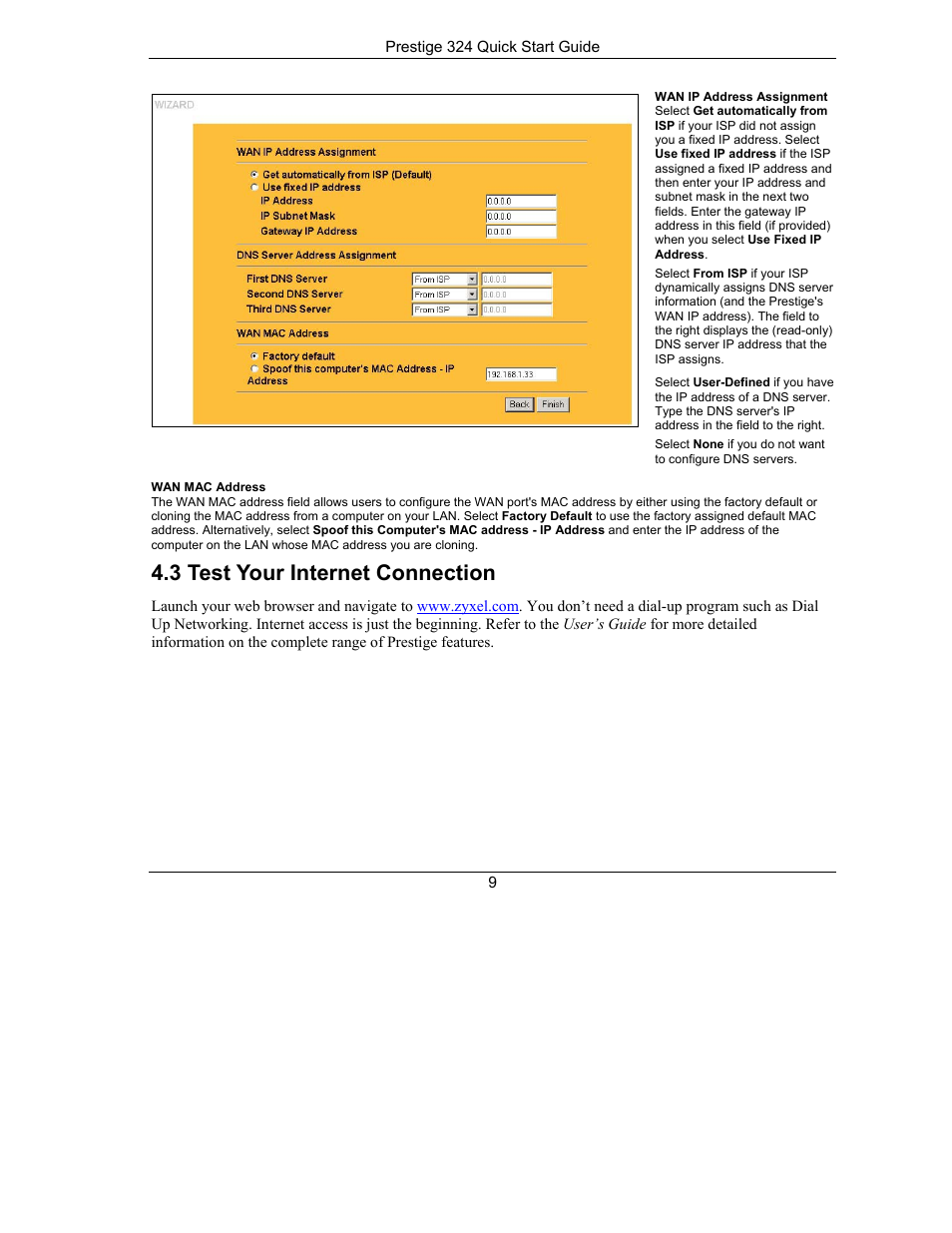 Test your internet connection | ZyXEL Communications PRESTIGE 324 User Manual | Page 9 / 10