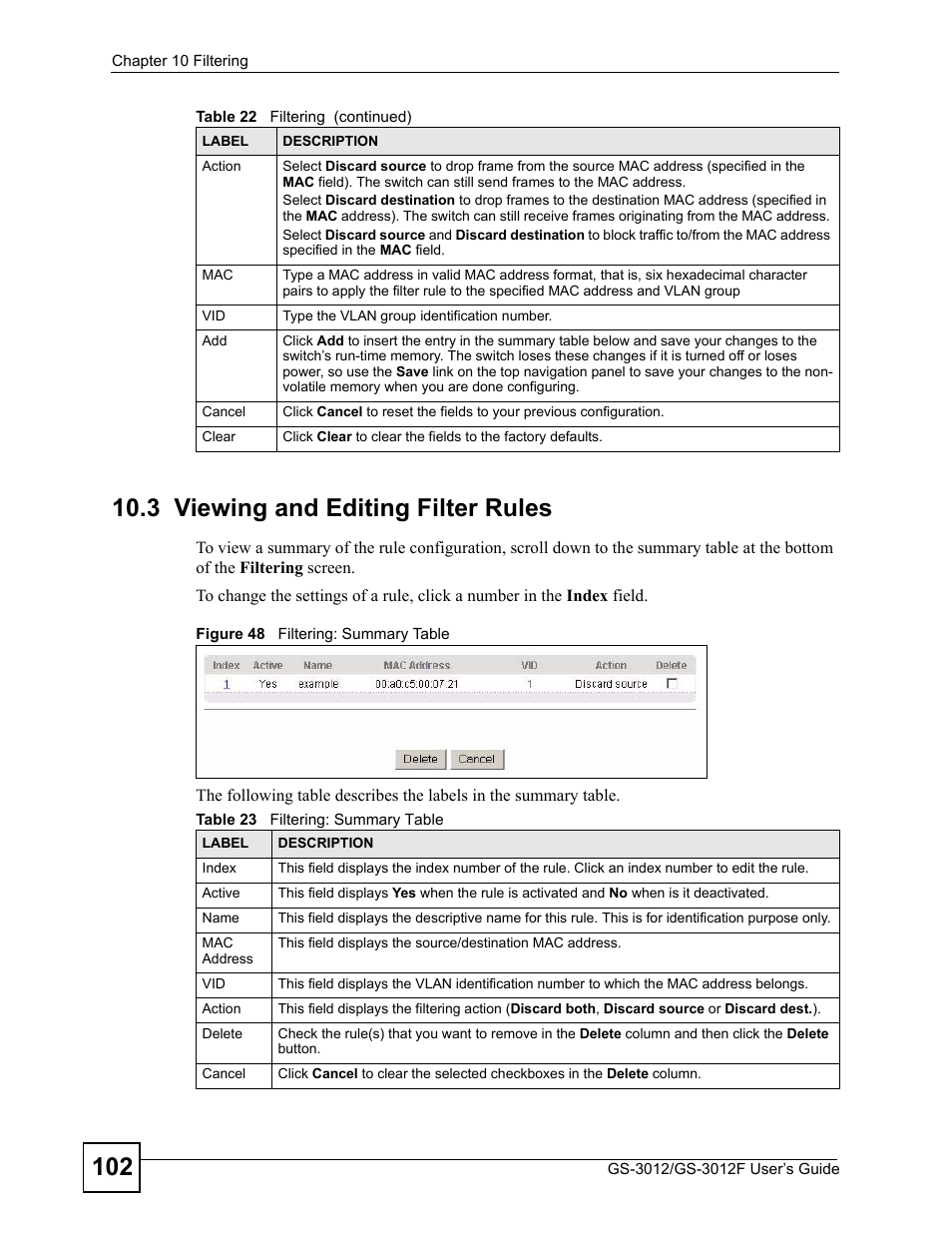 3 viewing and editing filter rules, Figure 48 filtering: summary table, Table 23 filtering: summary table | ZyXEL Communications GS-3012F Series User Manual | Page 102 / 300