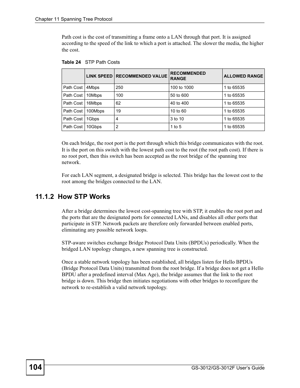2 how stp works, Table 24 stp path costs | ZyXEL Communications GS-3012F Series User Manual | Page 104 / 300