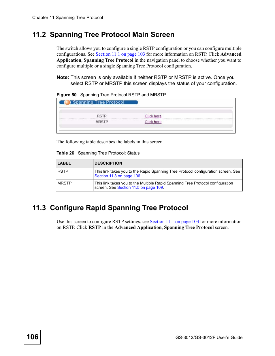 2 spanning tree protocol main screen, 3 configure rapid spanning tree protocol, Figure 50 spanning tree protocol rstp and mrstp | Table 26 spanning tree protocol: status | ZyXEL Communications GS-3012F Series User Manual | Page 106 / 300