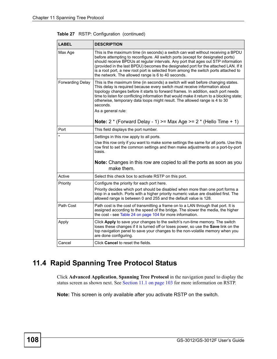 4 rapid spanning tree protocol status | ZyXEL Communications GS-3012F Series User Manual | Page 108 / 300