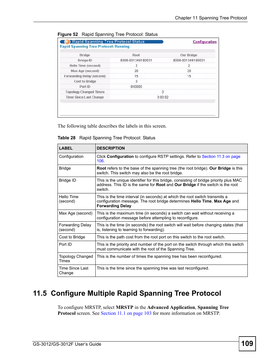 5 configure multiple rapid spanning tree protocol, Figure 52 rapid spanning tree protocol: status, Table 28 rapid spanning tree protocol: status | ZyXEL Communications GS-3012F Series User Manual | Page 109 / 300