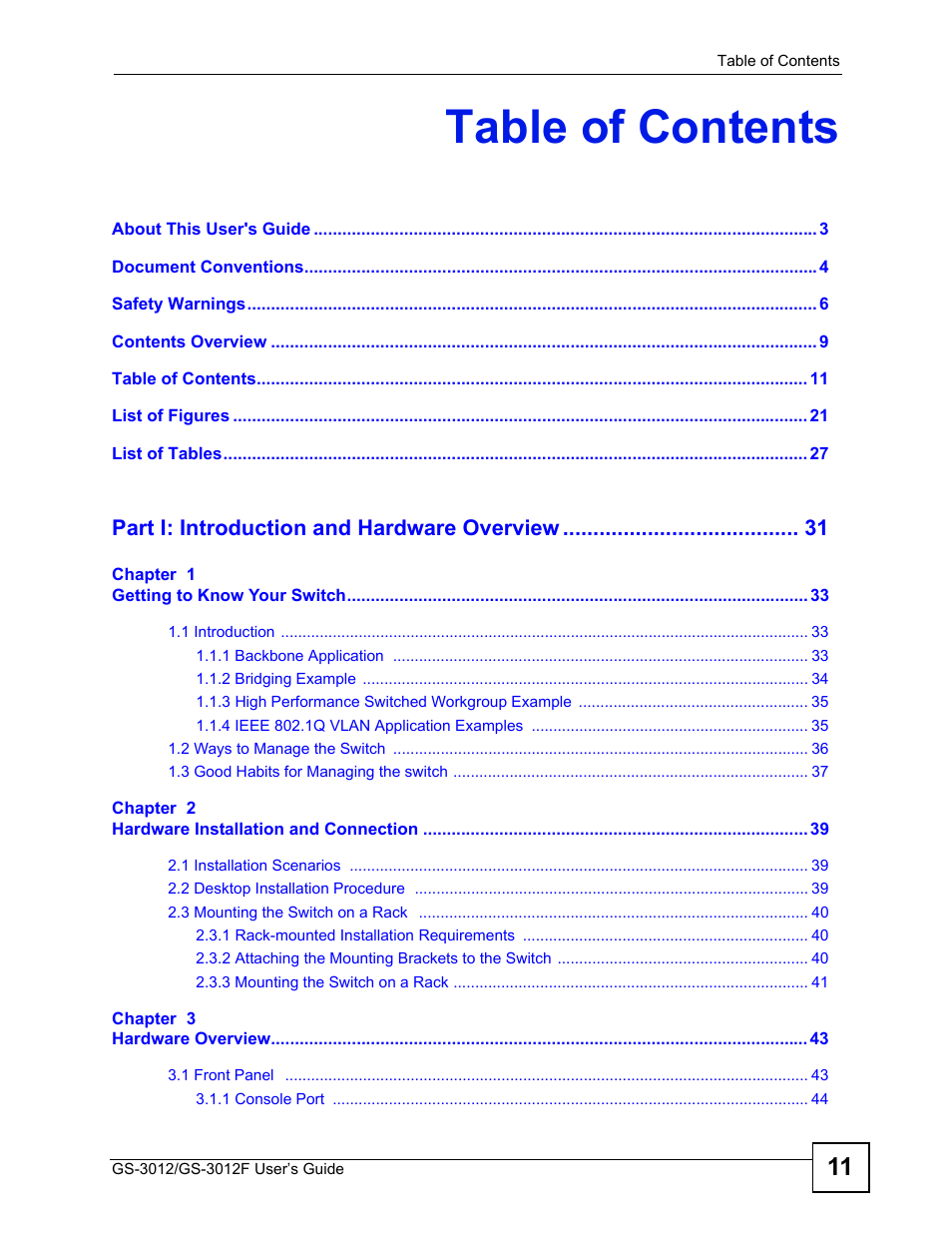 ZyXEL Communications GS-3012F Series User Manual | Page 11 / 300