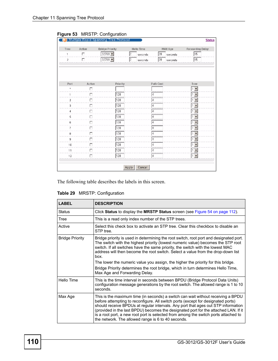 Figure 53 mrstp: configuration, Table 29 mrstp: configuration | ZyXEL Communications GS-3012F Series User Manual | Page 110 / 300