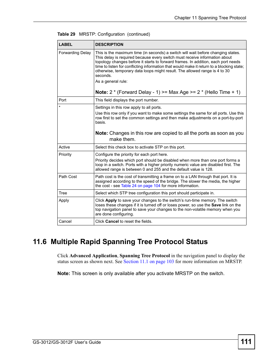 6 multiple rapid spanning tree protocol status | ZyXEL Communications GS-3012F Series User Manual | Page 111 / 300