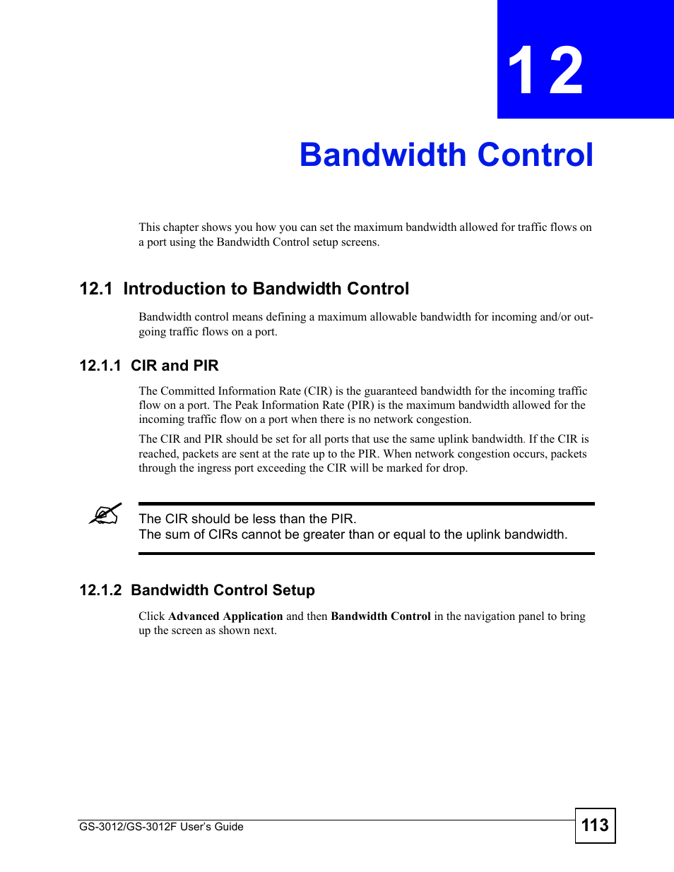 Bandwidth control, 1 introduction to bandwidth control, 1 cir and pir | 2 bandwidth control setup, Chapter 12 bandwidth control, 1 cir and pir 12.1.2 bandwidth control setup, Bandwidth control (113) | ZyXEL Communications GS-3012F Series User Manual | Page 113 / 300