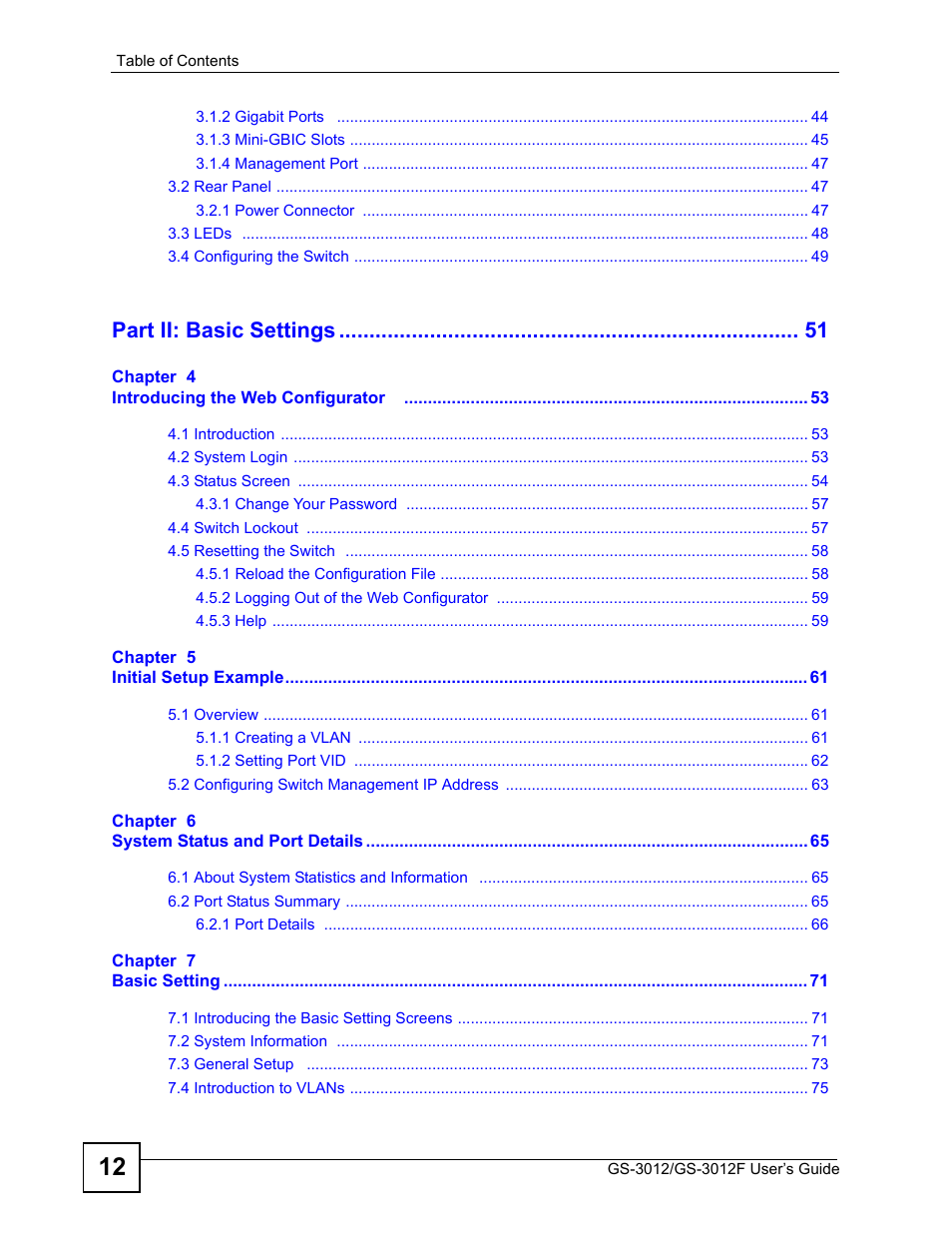 Part ii: basic settings | ZyXEL Communications GS-3012F Series User Manual | Page 12 / 300