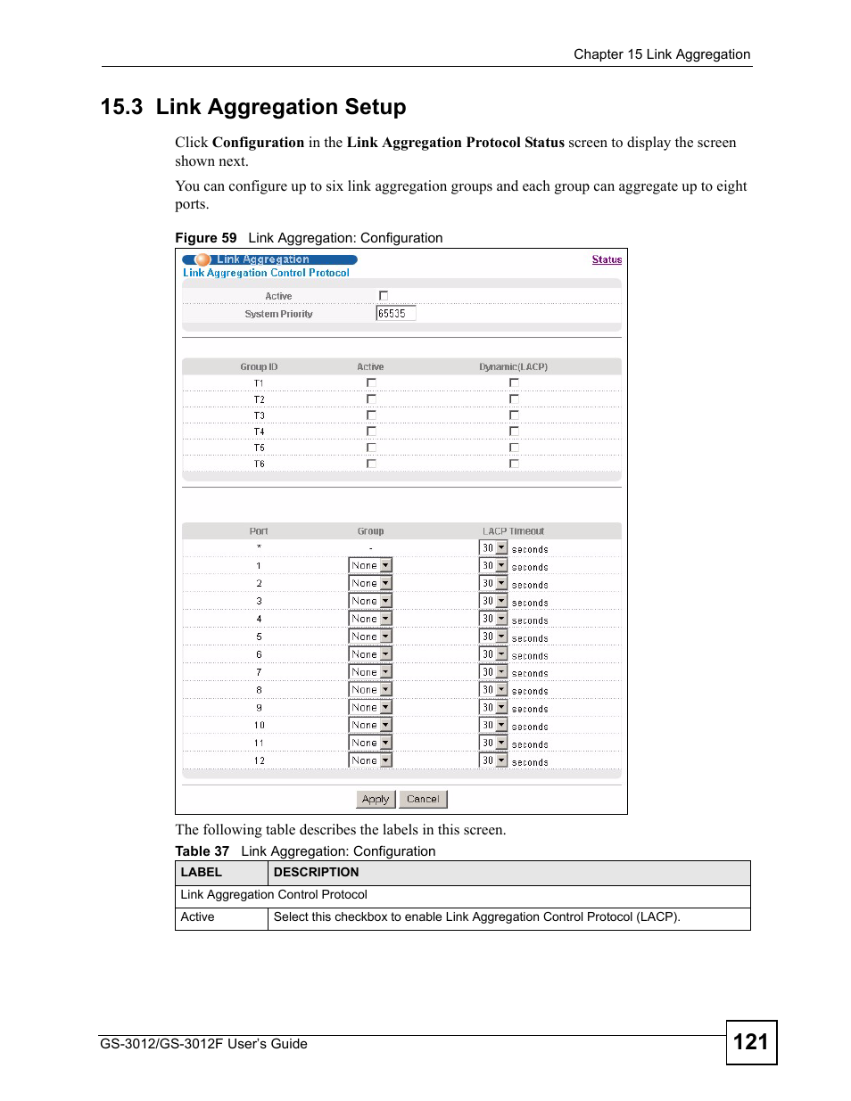3 link aggregation setup, Figure 59 link aggregation: configuration, Table 37 link aggregation: configuration | ZyXEL Communications GS-3012F Series User Manual | Page 121 / 300