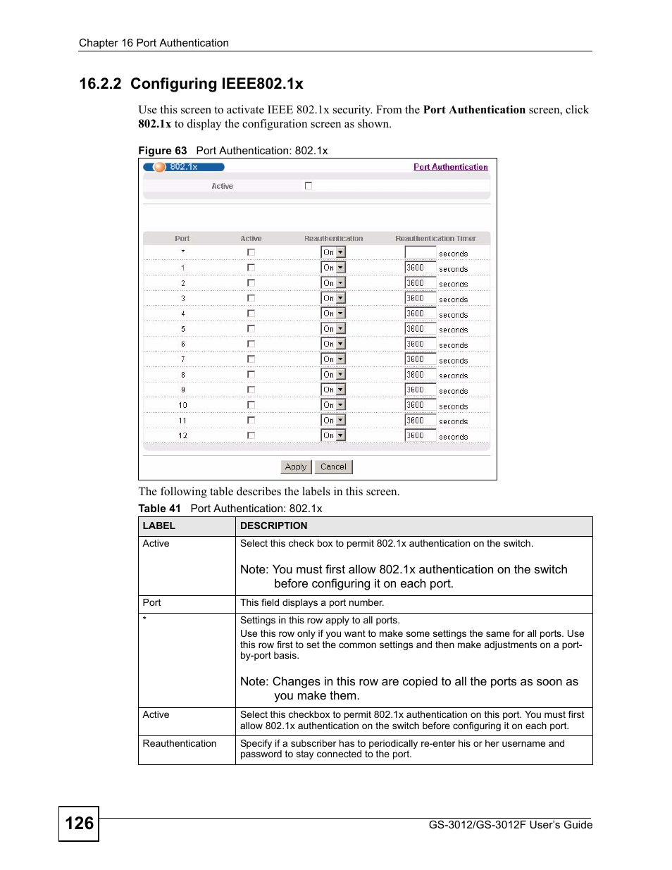 2 configuring ieee802.1x, Figure 63 port authentication: 802.1x, Table 41 port authentication: 802.1x | ZyXEL Communications GS-3012F Series User Manual | Page 126 / 300