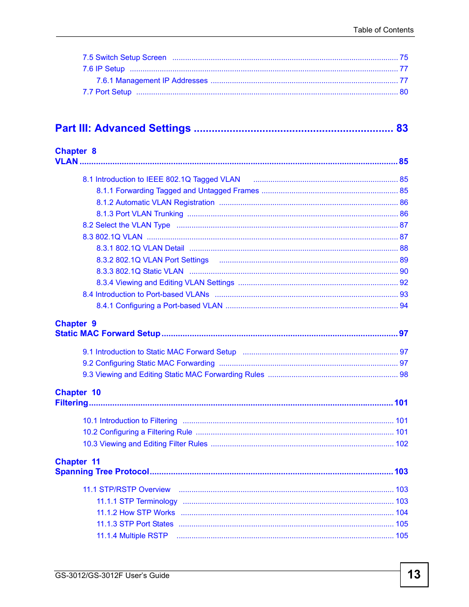 Part iii: advanced settings | ZyXEL Communications GS-3012F Series User Manual | Page 13 / 300
