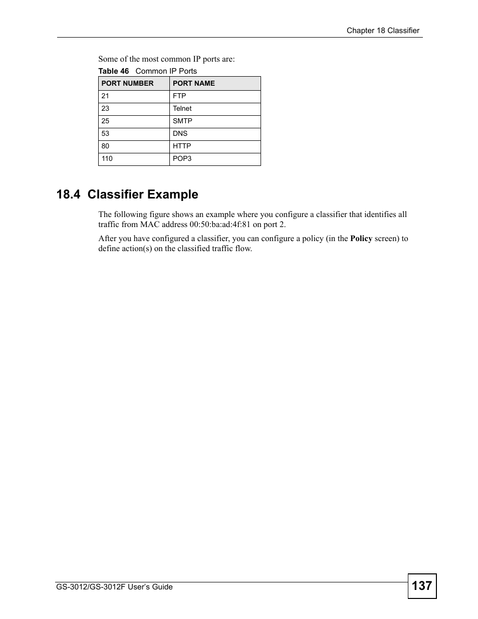 4 classifier example, Table 46 common ip ports | ZyXEL Communications GS-3012F Series User Manual | Page 137 / 300