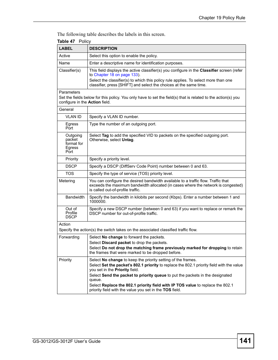 Table 47 policy | ZyXEL Communications GS-3012F Series User Manual | Page 141 / 300