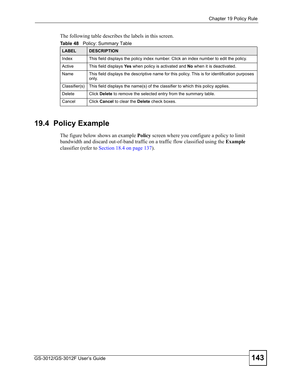 4 policy example, Table 48 policy: summary table | ZyXEL Communications GS-3012F Series User Manual | Page 143 / 300