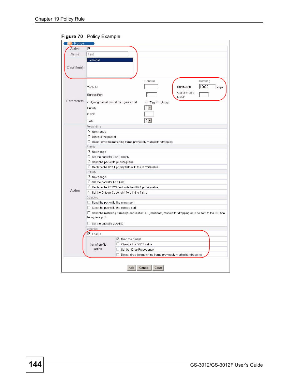 Figure 70 policy example | ZyXEL Communications GS-3012F Series User Manual | Page 144 / 300