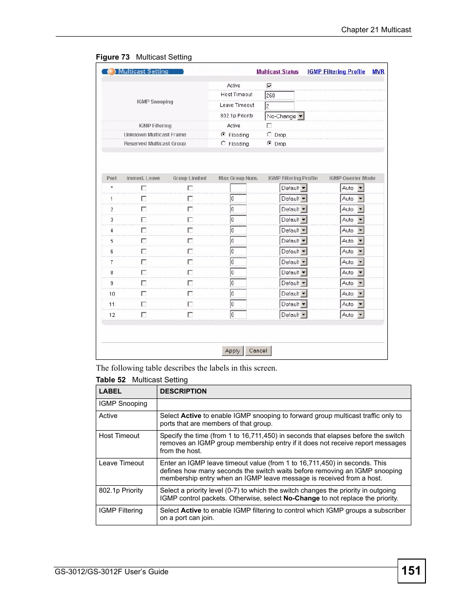Figure 73 multicast setting, Table 52 multicast setting | ZyXEL Communications GS-3012F Series User Manual | Page 151 / 300