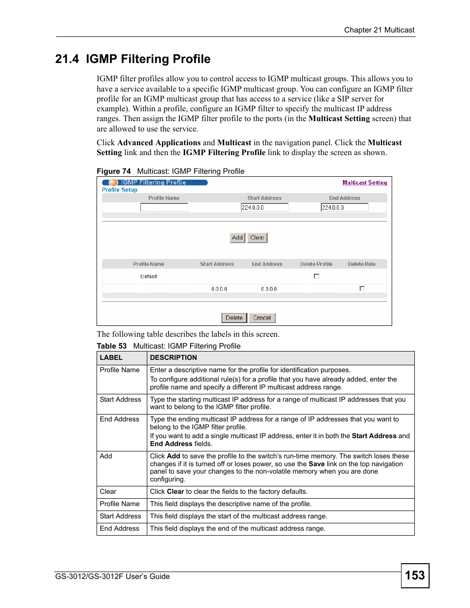 4 igmp filtering profile, Figure 74 multicast: igmp filtering profile, Table 53 multicast: igmp filtering profile | ZyXEL Communications GS-3012F Series User Manual | Page 153 / 300