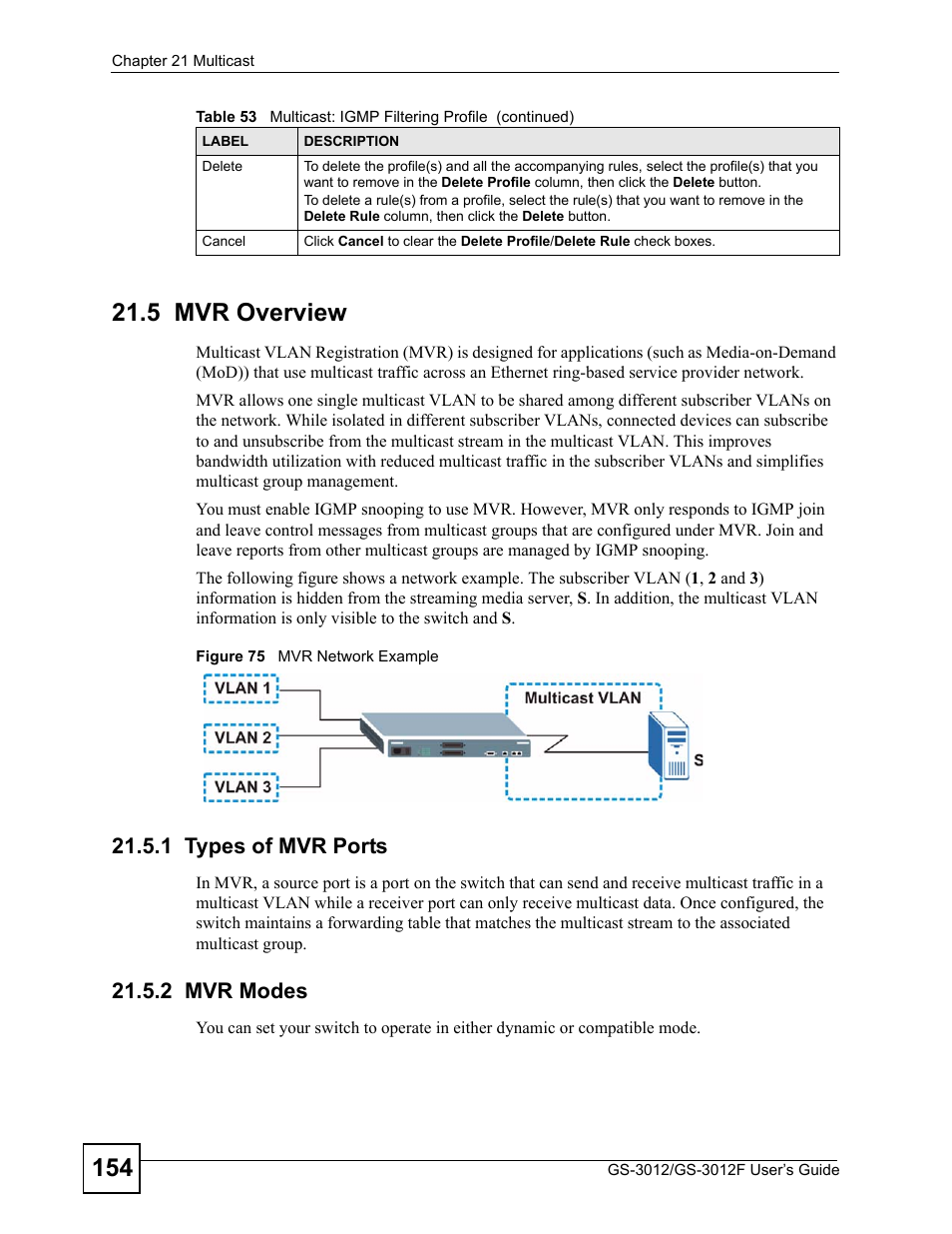 5 mvr overview, 1 types of mvr ports, 2 mvr modes | 1 types of mvr ports 21.5.2 mvr modes, Figure 75 mvr network example | ZyXEL Communications GS-3012F Series User Manual | Page 154 / 300