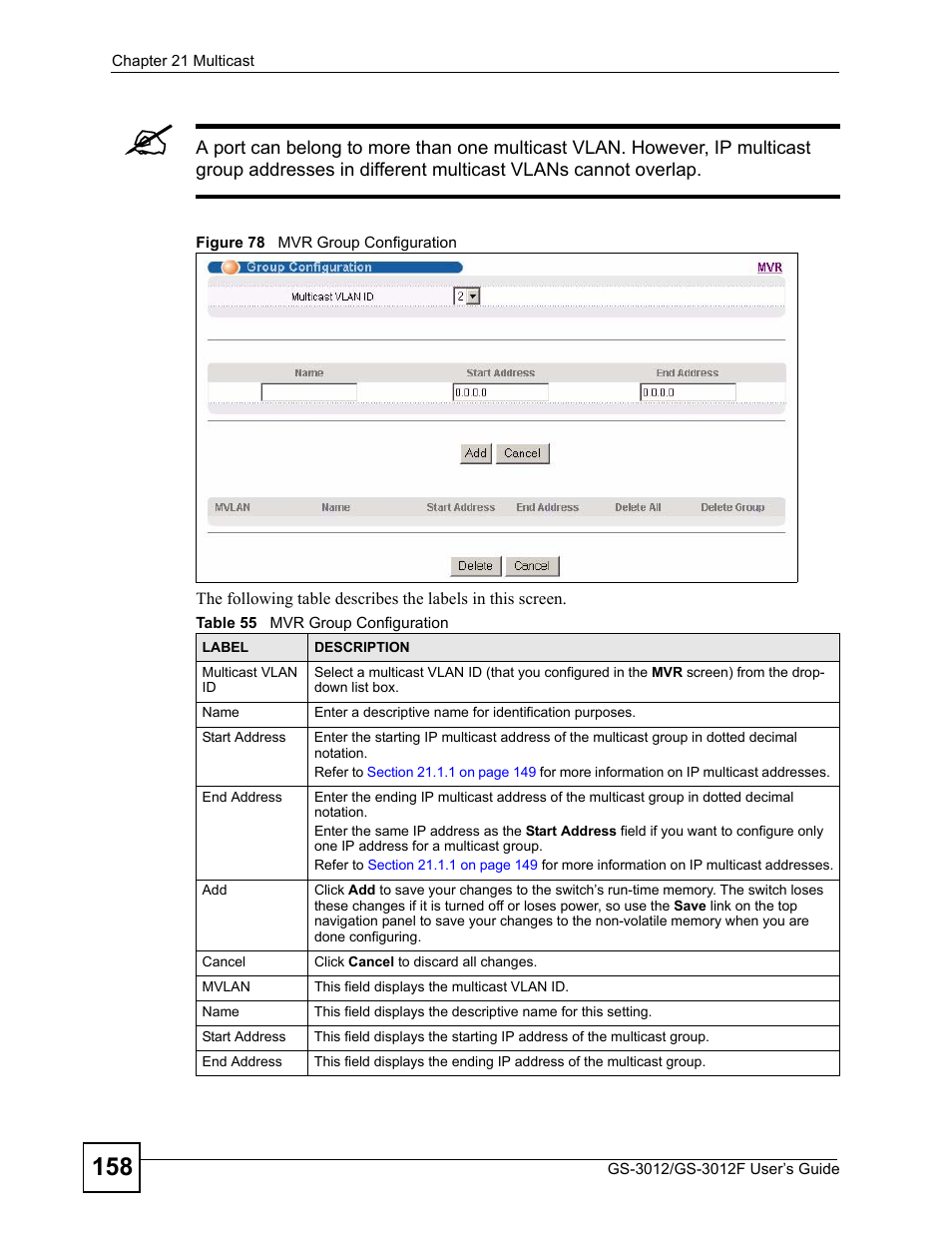 Figure 78 mvr group configuration, Table 55 mvr group configuration | ZyXEL Communications GS-3012F Series User Manual | Page 158 / 300
