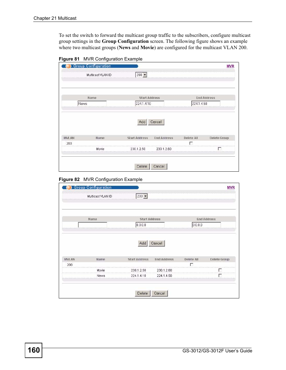 Figure 81 mvr configuration example, Figure 82 mvr configuration example | ZyXEL Communications GS-3012F Series User Manual | Page 160 / 300