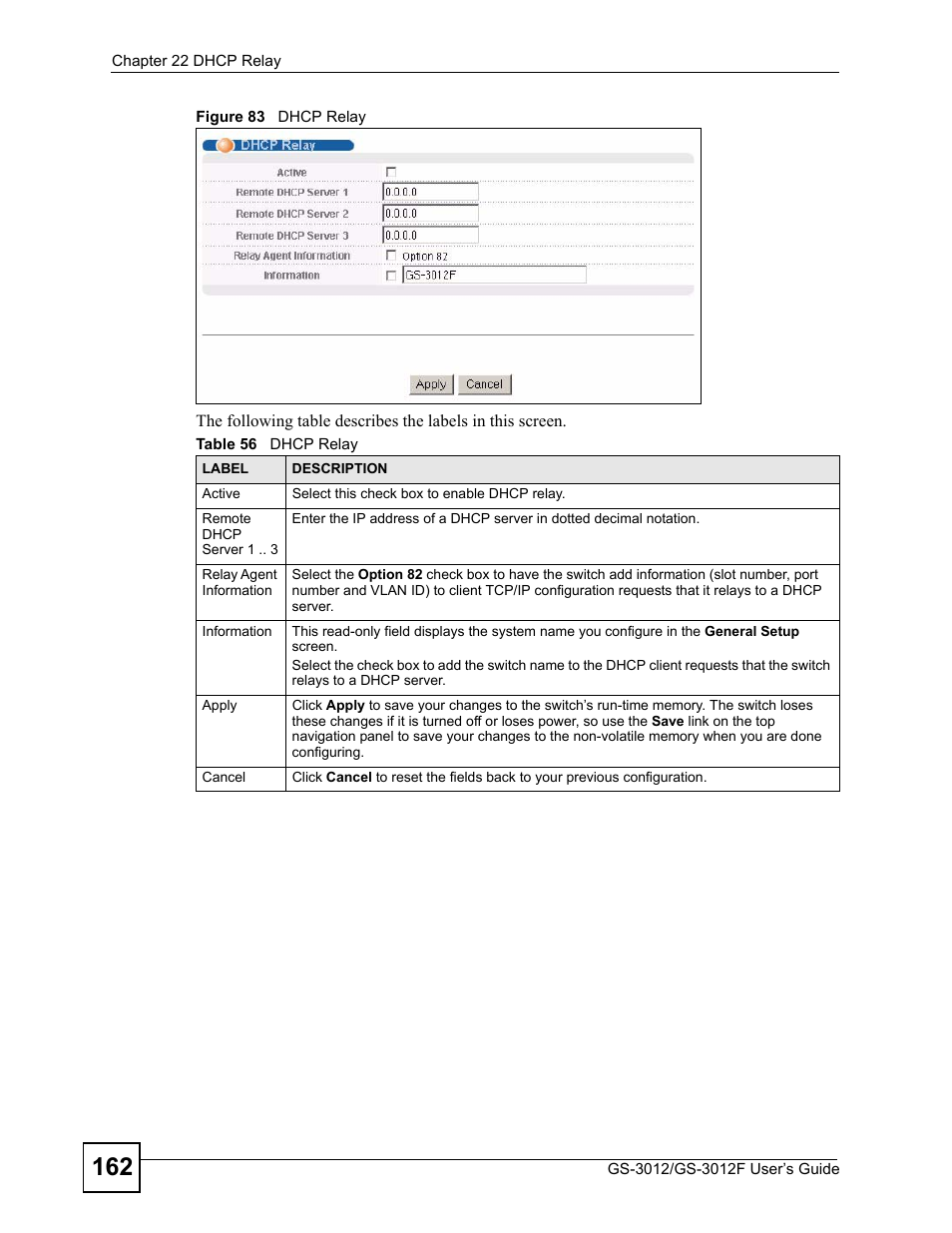 Figure 83 dhcp relay, Table 56 dhcp relay | ZyXEL Communications GS-3012F Series User Manual | Page 162 / 300