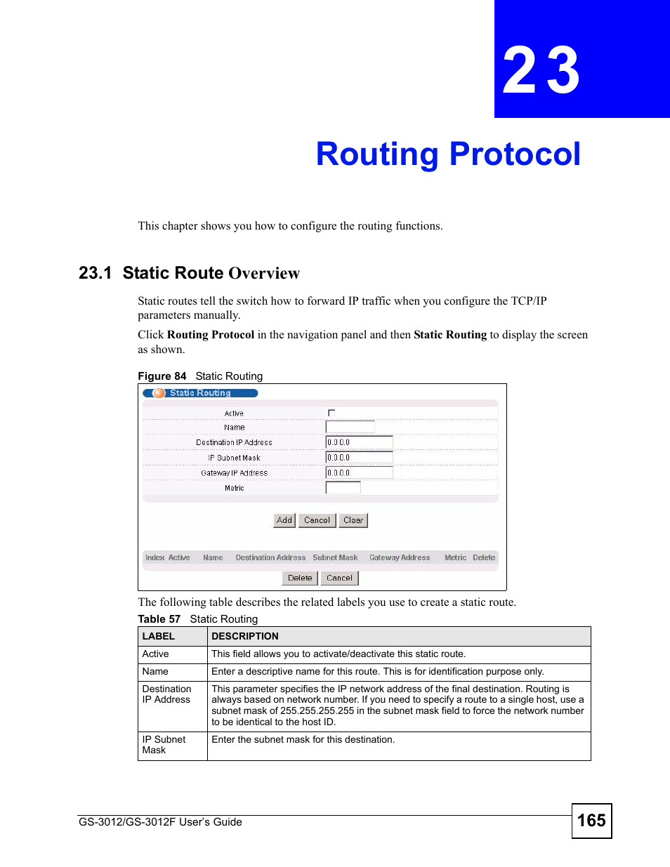 Routing protocol, 1 static route overview, Chapter 23 routing protocol | Figure 84 static routing, Table 57 static routing, Routing protocol (165) | ZyXEL Communications GS-3012F Series User Manual | Page 165 / 300