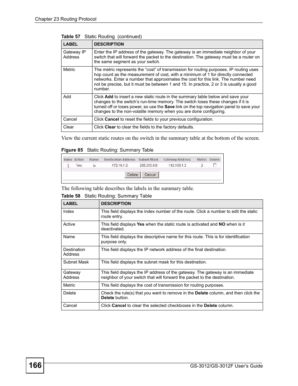 Figure 85 static routing: summary table, Table 58 static routing: summary table | ZyXEL Communications GS-3012F Series User Manual | Page 166 / 300