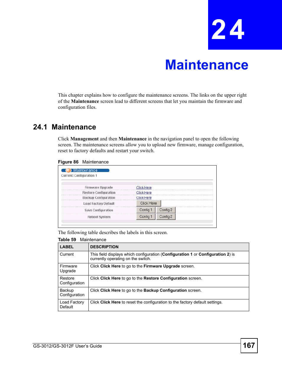 Maintenance, 1 maintenance, Chapter 24 maintenance | Figure 86 maintenance, Table 59 maintenance, Maintenance (167) | ZyXEL Communications GS-3012F Series User Manual | Page 167 / 300