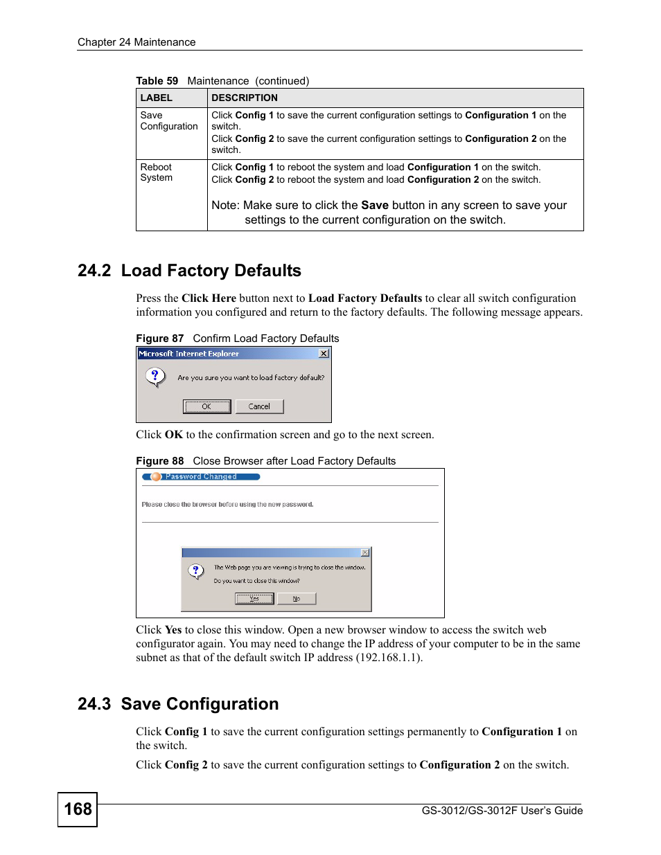 2 load factory defaults, 3 save configuration | ZyXEL Communications GS-3012F Series User Manual | Page 168 / 300