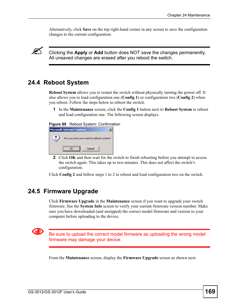 4 reboot system, 5 firmware upgrade, 2 firmware upgrade | ZyXEL Communications GS-3012F Series User Manual | Page 169 / 300