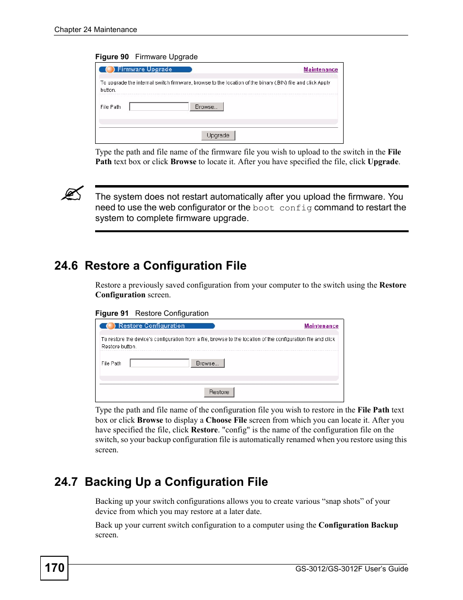 6 restore a configuration file, 7 backing up a configuration file | ZyXEL Communications GS-3012F Series User Manual | Page 170 / 300