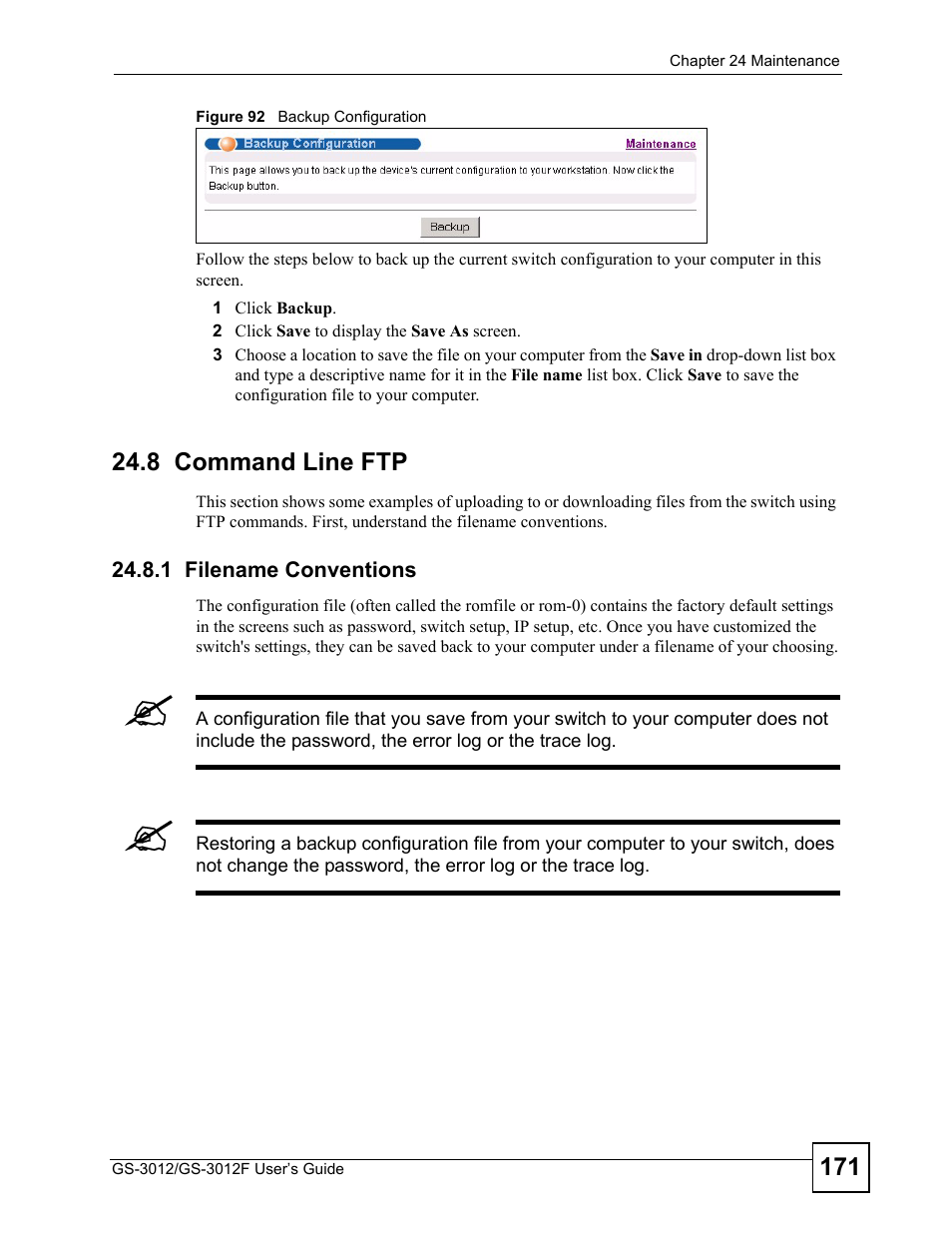 8 command line ftp, 1 filename conventions, Figure 89 backup configuration | Section 24.8 | ZyXEL Communications GS-3012F Series User Manual | Page 171 / 300