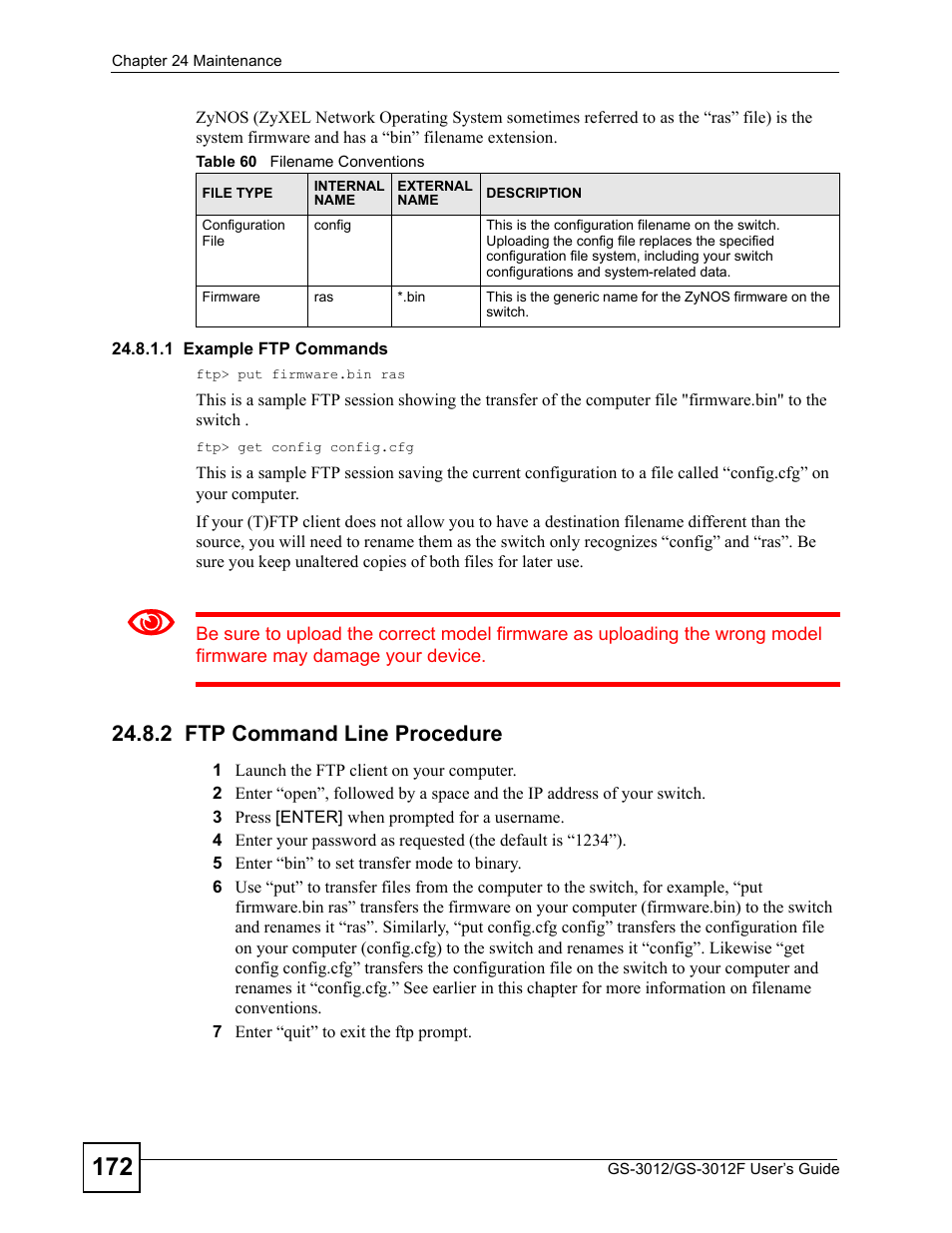 2 ftp command line procedure, Table 60 filename conventions | ZyXEL Communications GS-3012F Series User Manual | Page 172 / 300