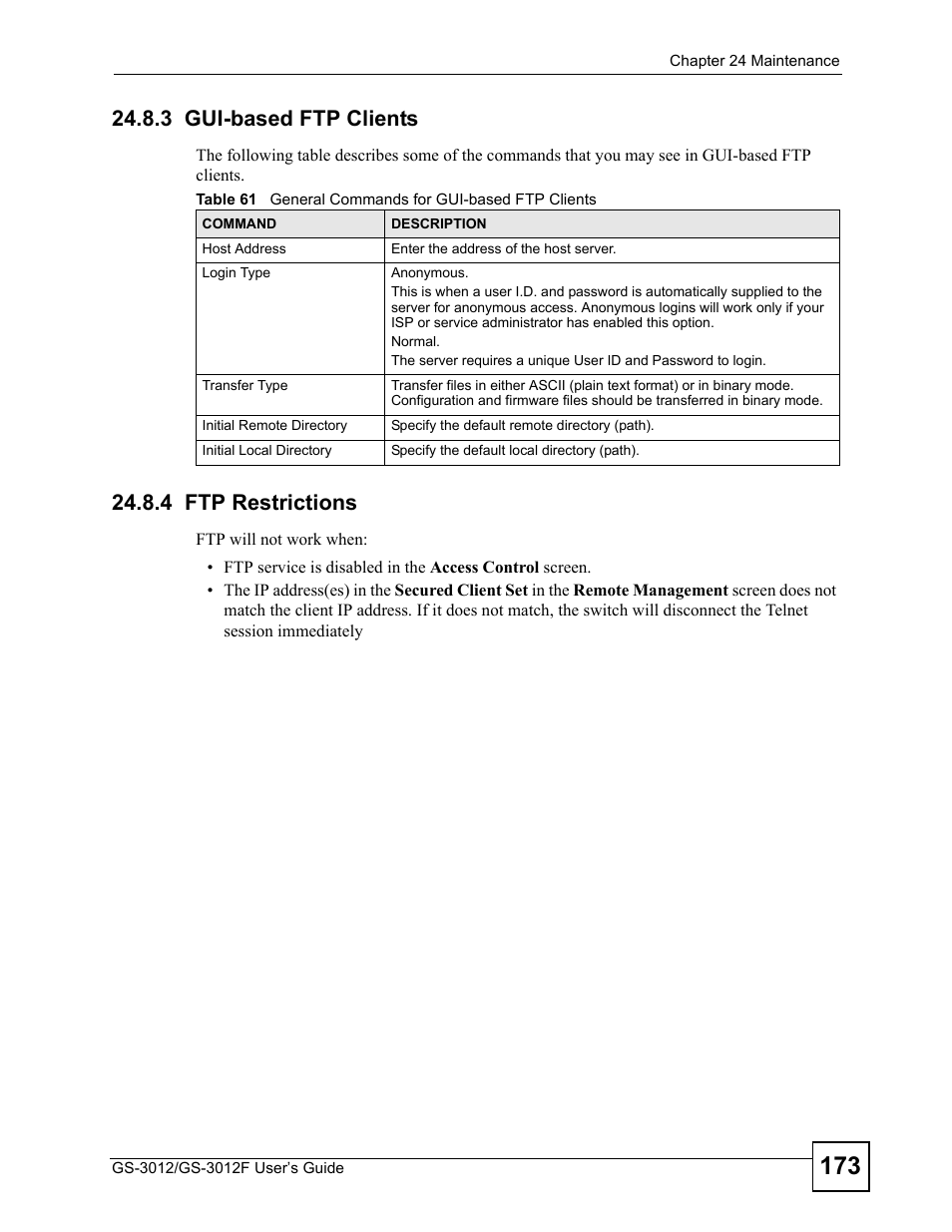 3 gui-based ftp clients, 4 ftp restrictions, 3 gui-based ftp clients 24.8.4 ftp restrictions | ZyXEL Communications GS-3012F Series User Manual | Page 173 / 300