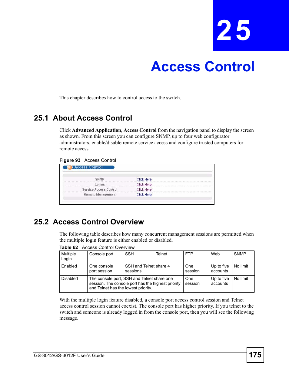 Access control, 1 about access control, 2 access control overview | Chapter 25 access control, Figure 93 access control, Table 62 access control overview, Access control (175) | ZyXEL Communications GS-3012F Series User Manual | Page 175 / 300