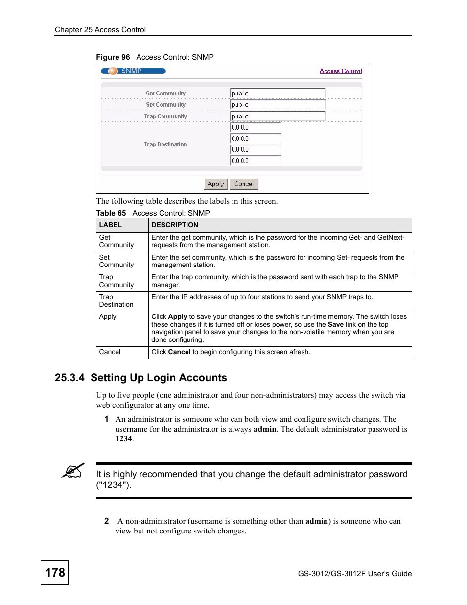4 setting up login accounts, Figure 96 access control: snmp, Table 65 access control: snmp | ZyXEL Communications GS-3012F Series User Manual | Page 178 / 300