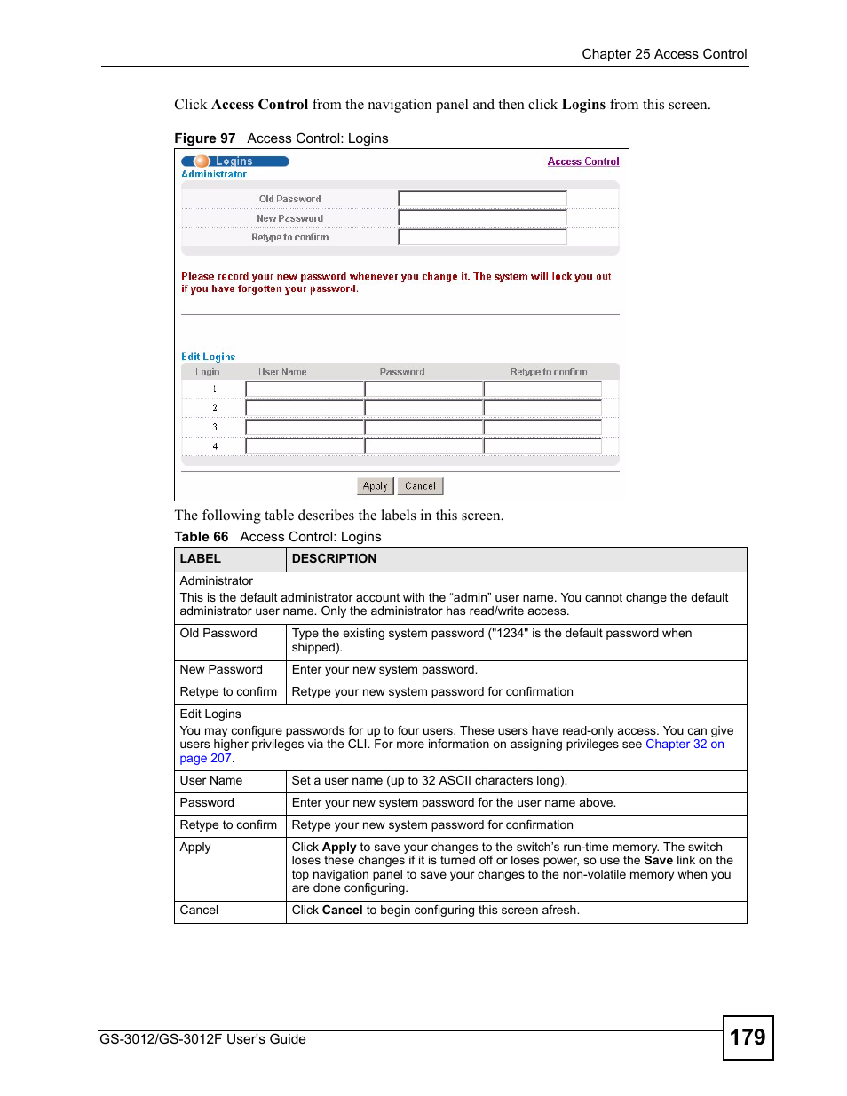 Figure 97 access control: logins, Table 66 access control: logins | ZyXEL Communications GS-3012F Series User Manual | Page 179 / 300