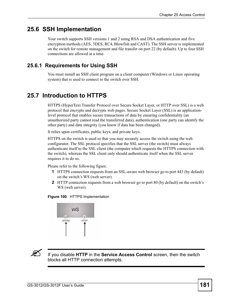 6 ssh implementation, 1 requirements for using ssh, 7 introduction to https | Figure 100 https implementation | ZyXEL Communications GS-3012F Series User Manual | Page 181 / 300