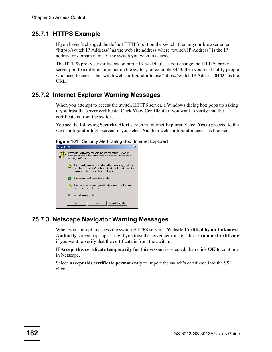 1 https example, 2 internet explorer warning messages, 3 netscape navigator warning messages | ZyXEL Communications GS-3012F Series User Manual | Page 182 / 300