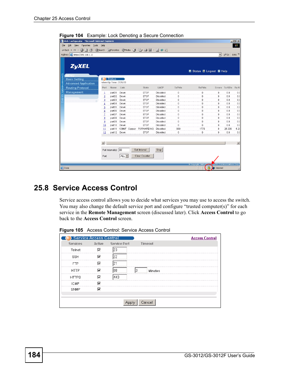 8 service access control | ZyXEL Communications GS-3012F Series User Manual | Page 184 / 300
