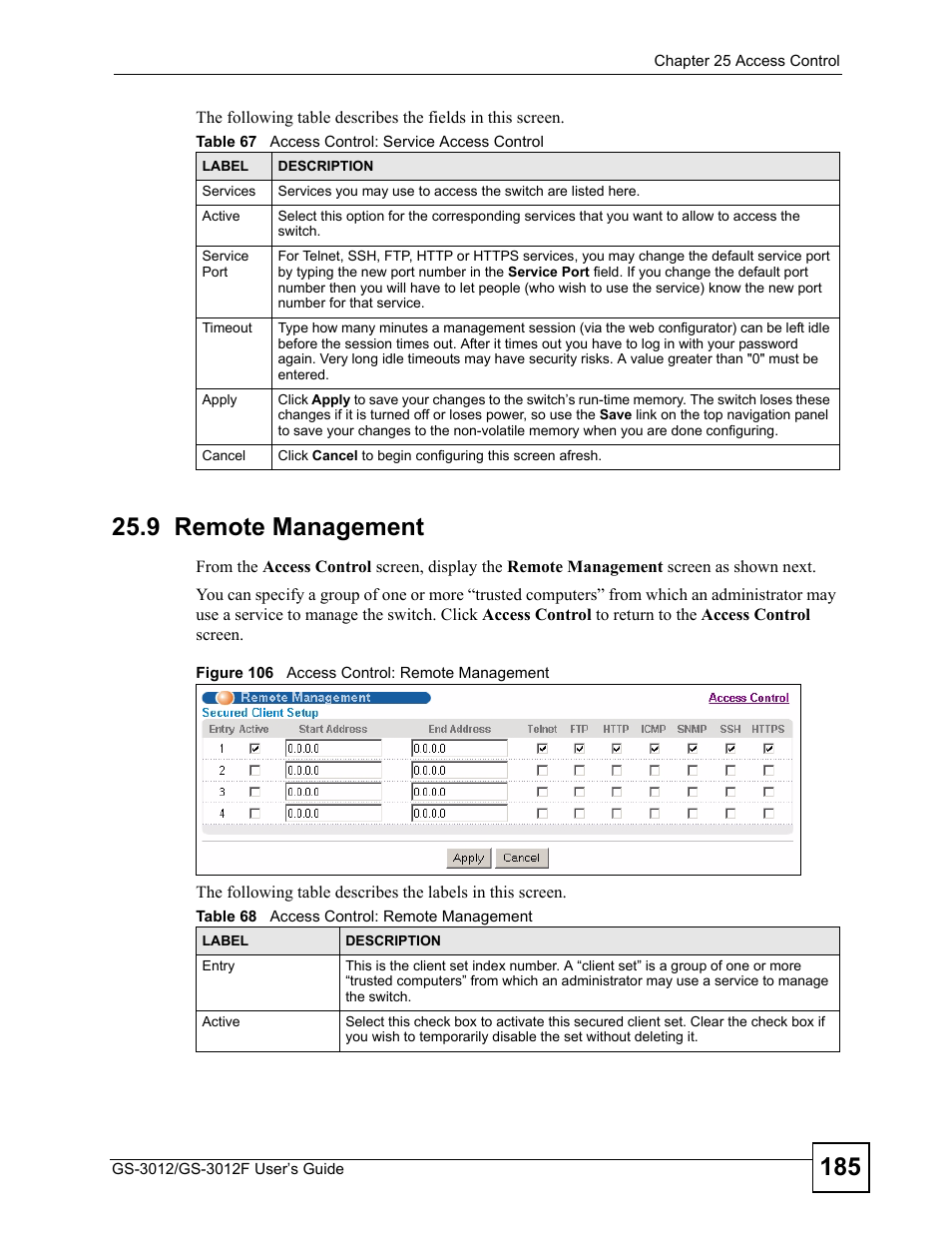 9 remote management, Figure 106 access control: remote management | ZyXEL Communications GS-3012F Series User Manual | Page 185 / 300