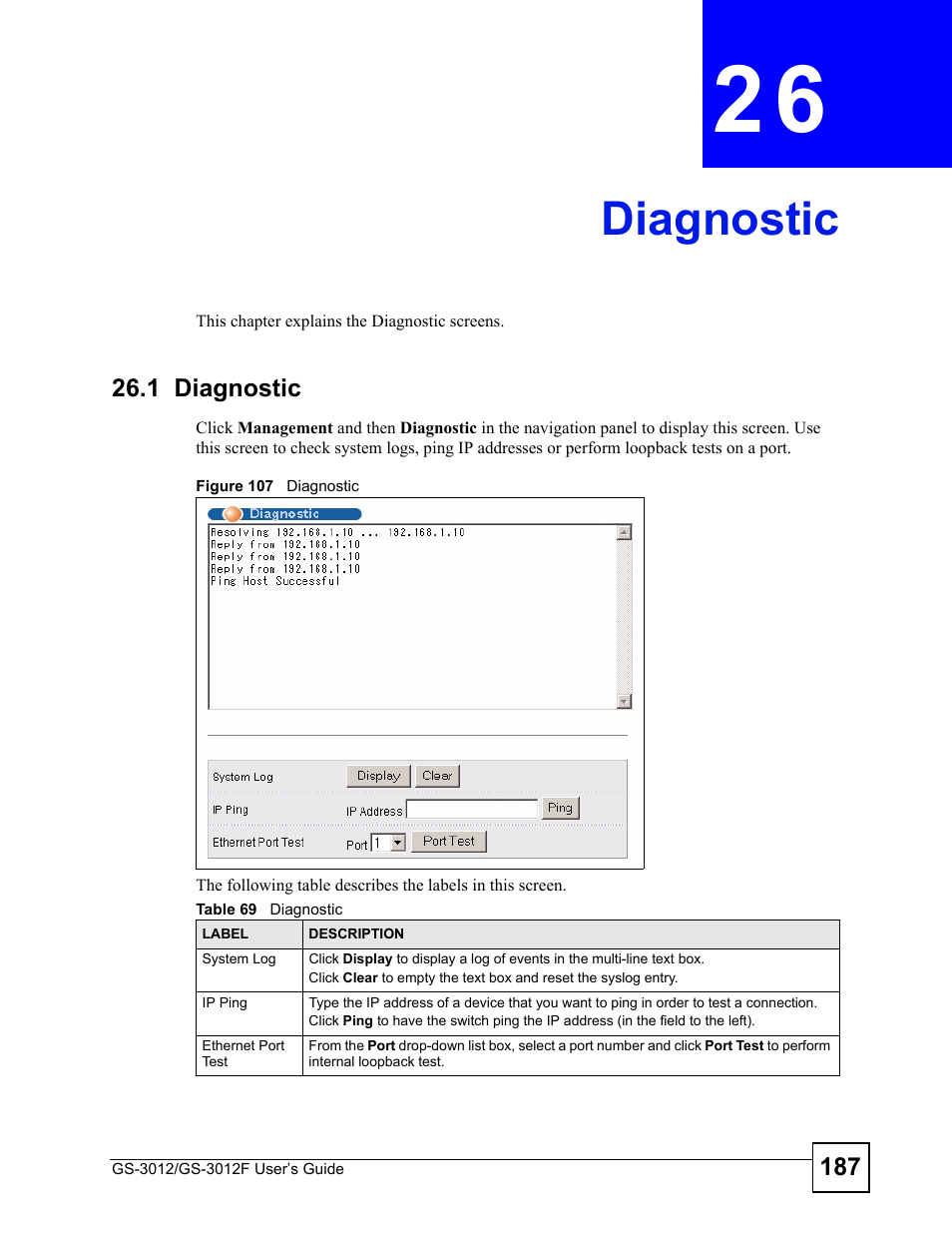 Diagnostic, 1 diagnostic, Chapter 26 diagnostic | Figure 107 diagnostic, Table 69 diagnostic, Diagnostic (187) | ZyXEL Communications GS-3012F Series User Manual | Page 187 / 300