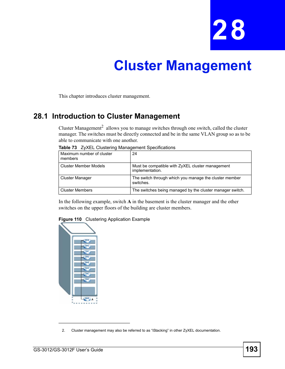 Cluster management, 1 introduction to cluster management, Chapter 28 cluster management | Figure 110 clustering application example, Cluster management (193) | ZyXEL Communications GS-3012F Series User Manual | Page 193 / 300