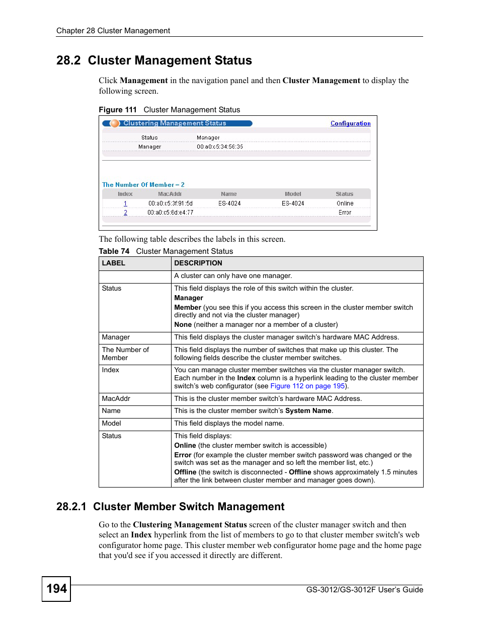 2 cluster management status, 1 cluster member switch management, Figure 111 cluster management status | Table 74 cluster management status | ZyXEL Communications GS-3012F Series User Manual | Page 194 / 300