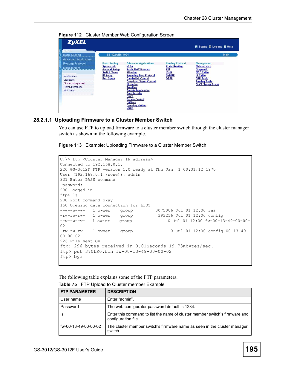 Table 75 ftp upload to cluster member example | ZyXEL Communications GS-3012F Series User Manual | Page 195 / 300