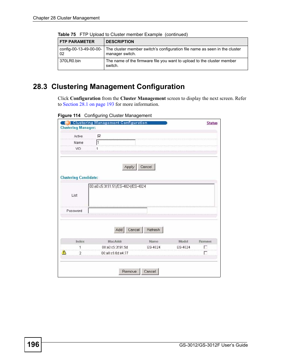 3 clustering management configuration, 3 configuring cluster management, Figure 114 configuring cluster management | ZyXEL Communications GS-3012F Series User Manual | Page 196 / 300