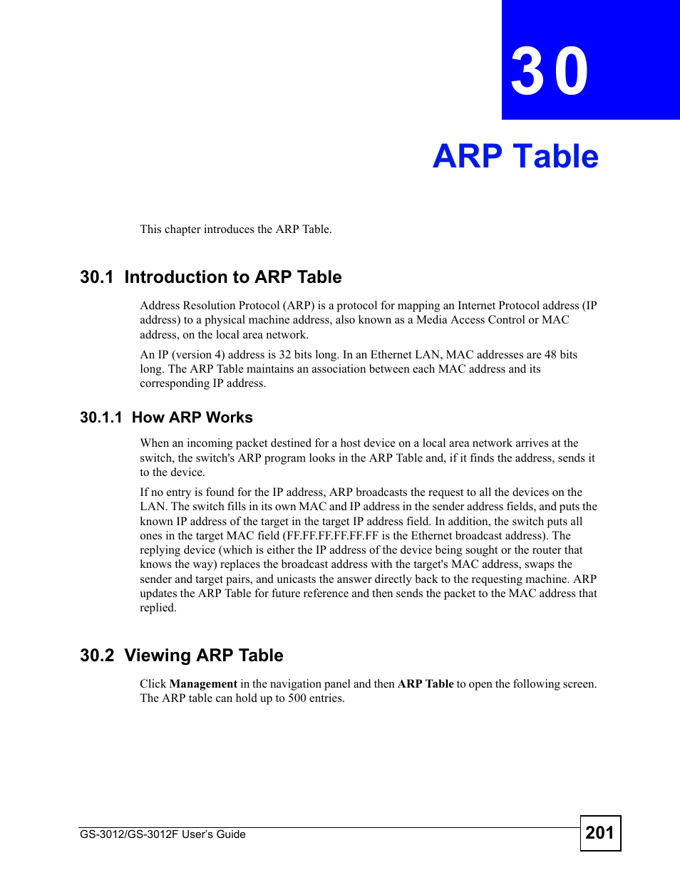 Arp table, 1 introduction to arp table, 1 how arp works | 2 viewing arp table, Chapter 30 arp table, Arp table (201) | ZyXEL Communications GS-3012F Series User Manual | Page 201 / 300