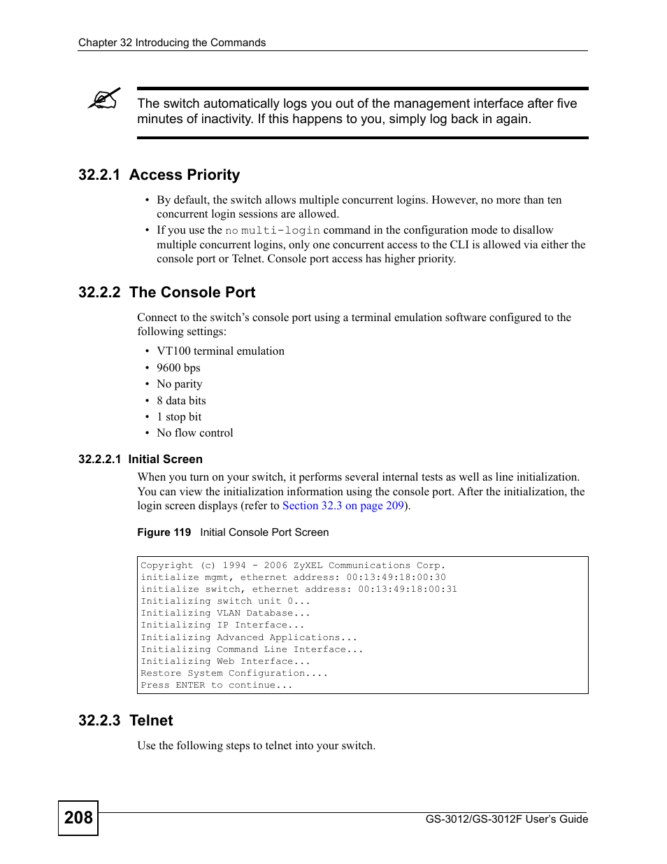 1 access priority, 2 the console port, 3 telnet | Figure 119 initial console port screen | ZyXEL Communications GS-3012F Series User Manual | Page 208 / 300